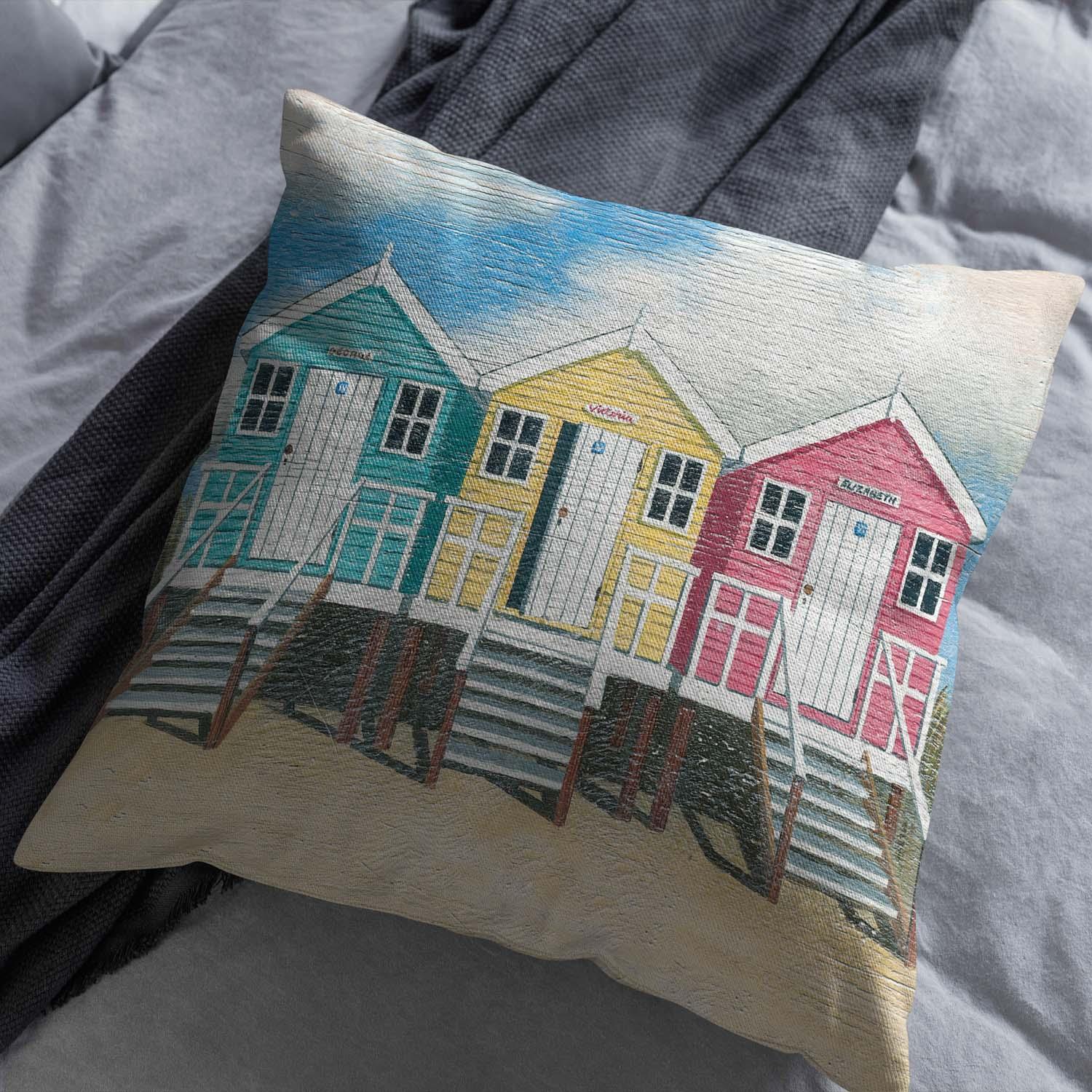 Blue Yellow Pink Beach Huts - Martin Wiscombe - Art Print Cushion