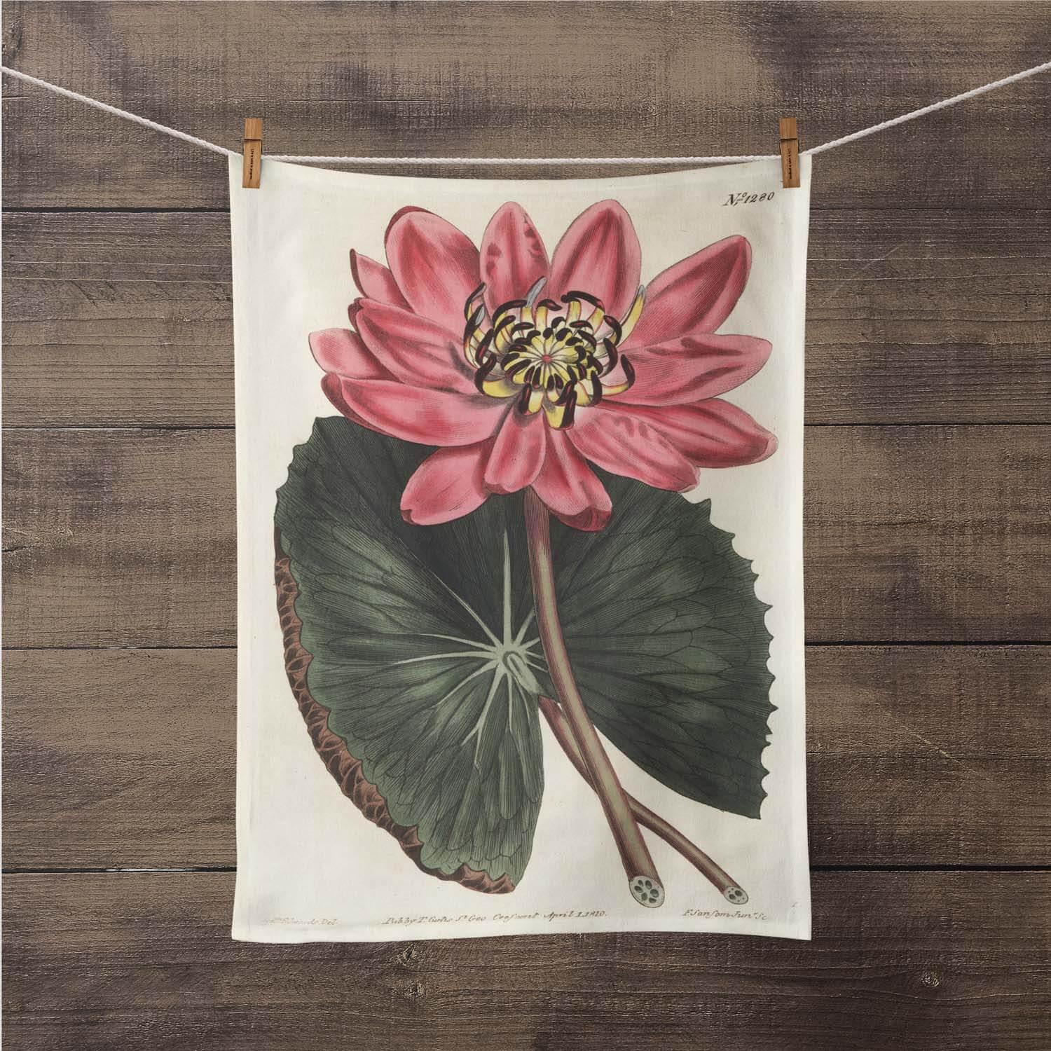 Red - Flowered Water Lily - Botanical Tea Towel