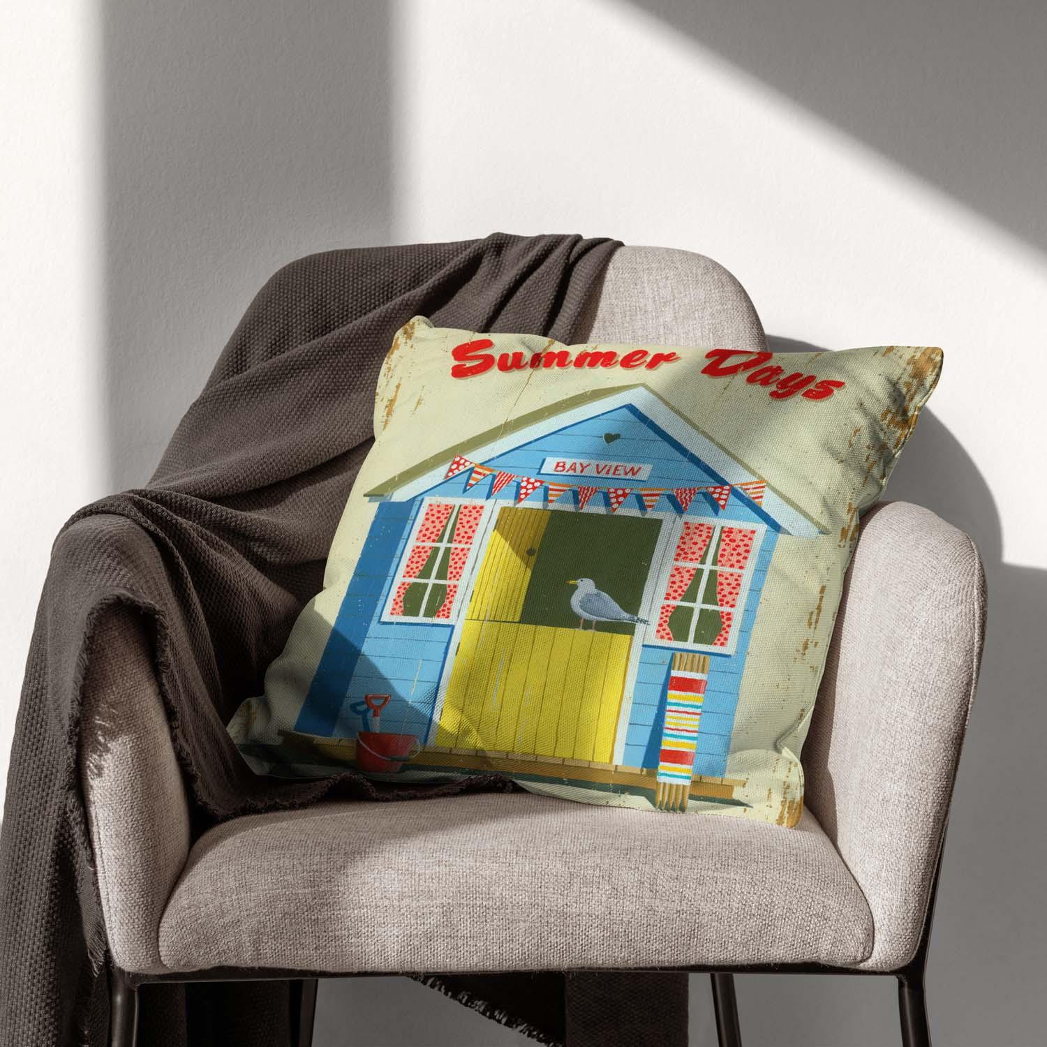 Summer Days Beach Hut - Martin Wiscombe - Art Print Cushion