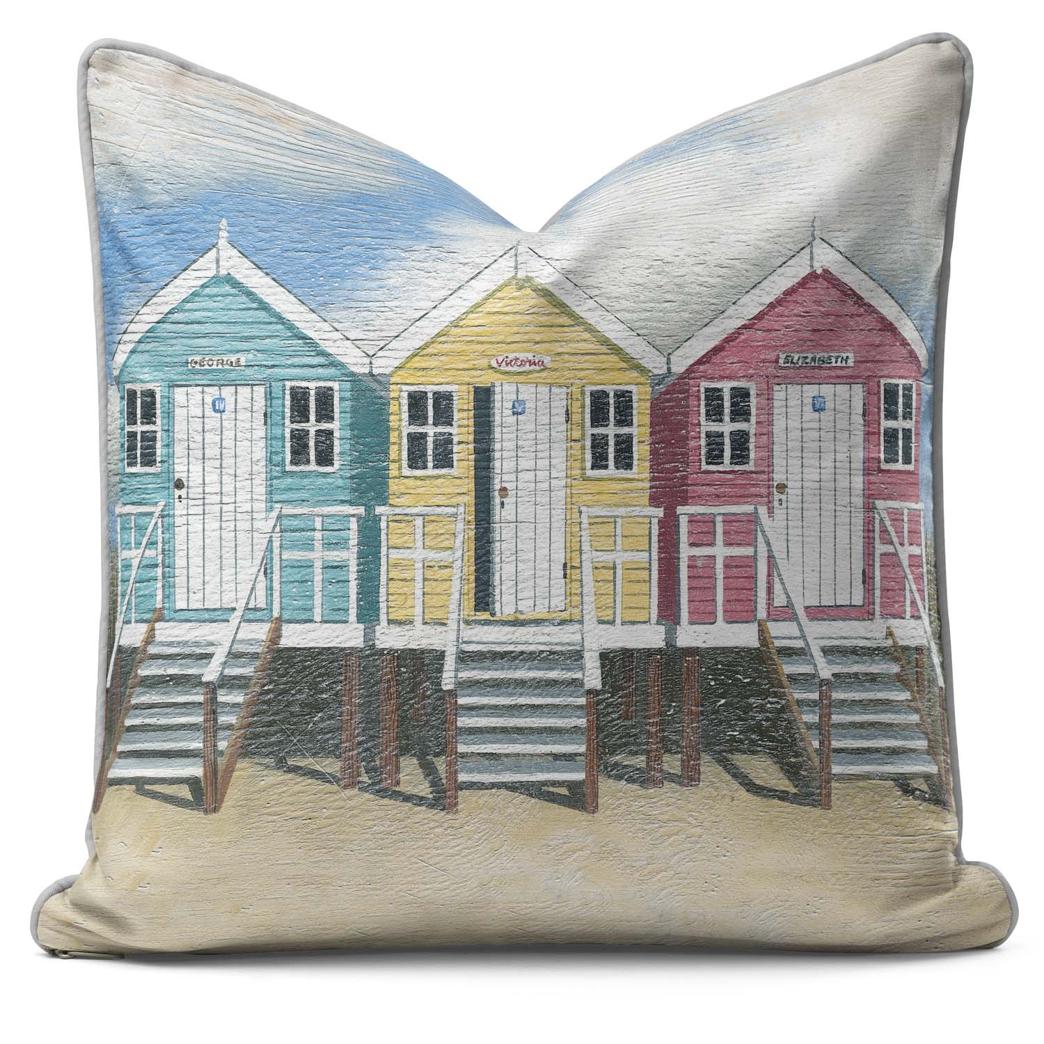 Blue Yellow Pink Beach Huts - Brtitish Retro Cushion