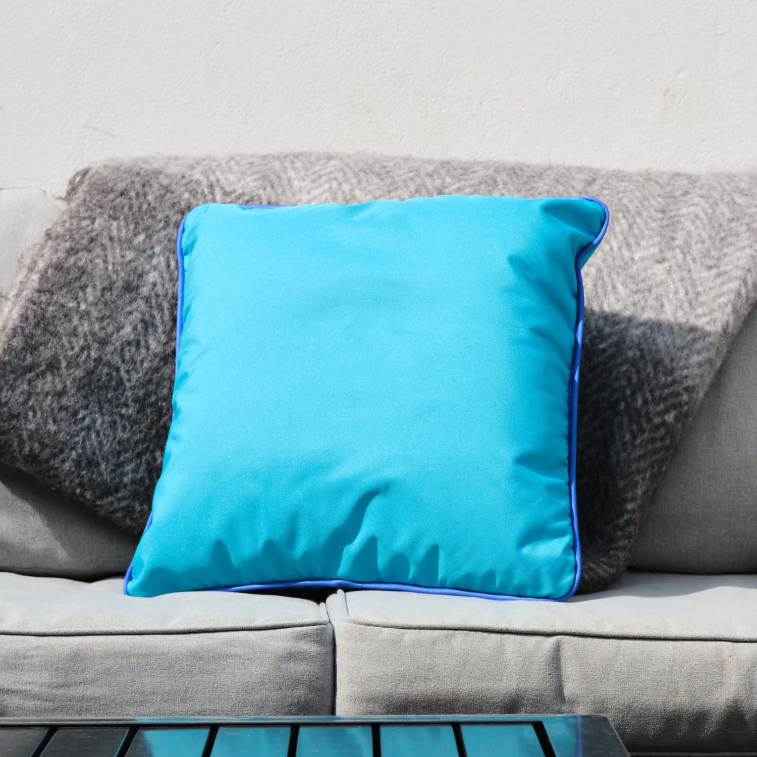 Blue Block Colour Piped - Outdoor Water-Resistant Cushion