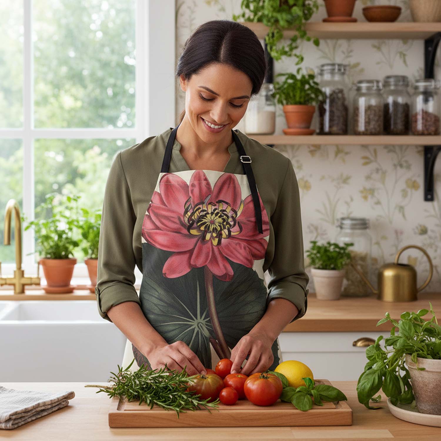 Woman in a kitchen wearing a floral apron, preparing vegetables on a cutting board.
