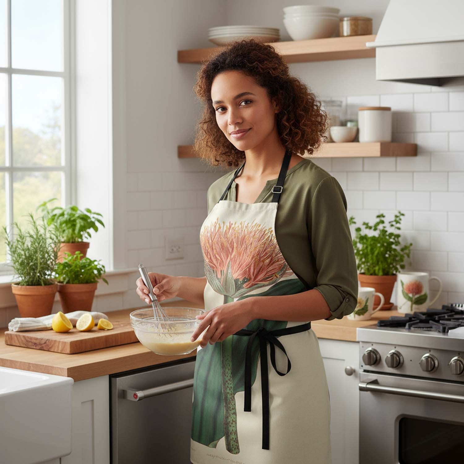Woman in a kitchen wearing an Paintbrush Lily  - Botanical Apron  with a floral design, standing by a counter with a bowl and whisk.