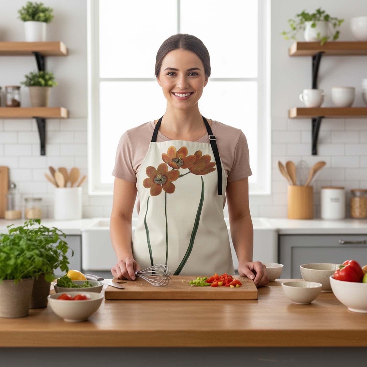 Woman in a kitchen wearing a floral Orange Monadelpha -apron, preparing food.