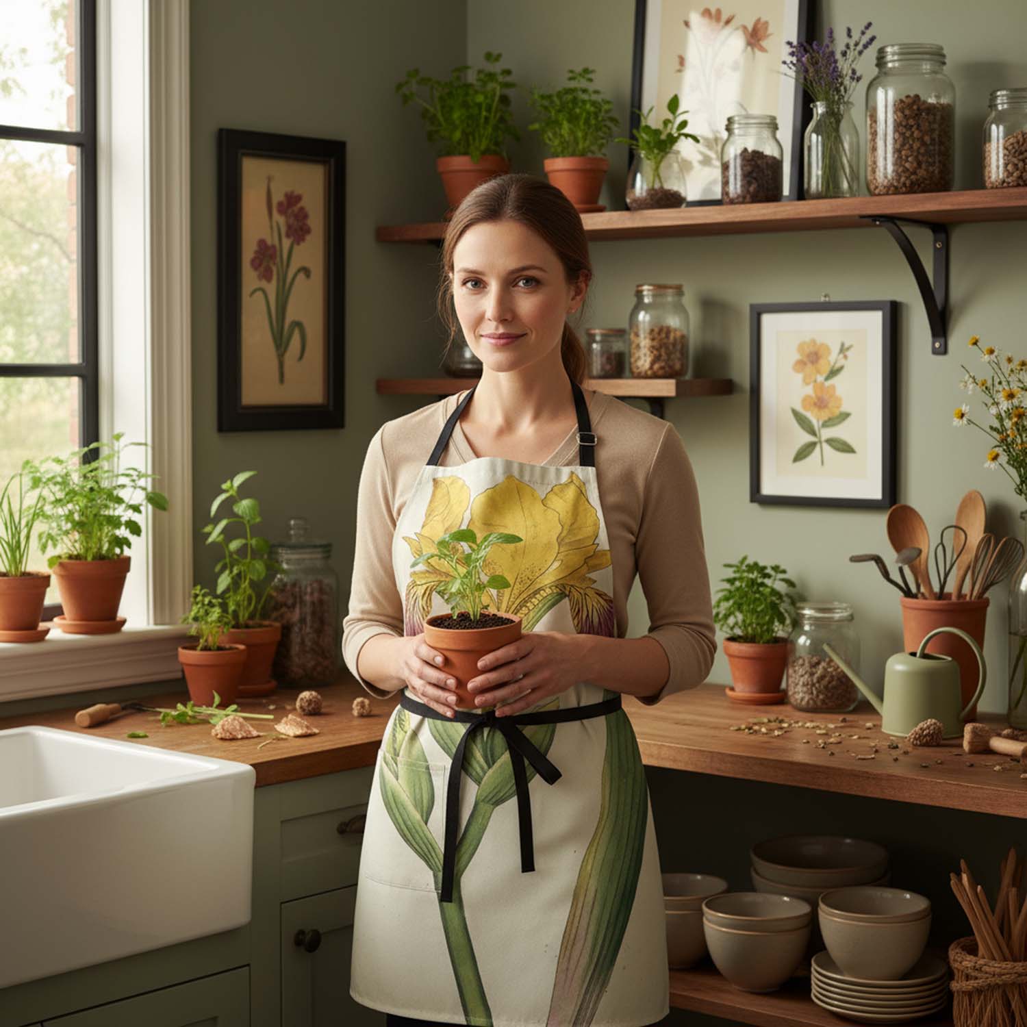 Woman in a kitchen holding a potted plant, wearing a botanical apron.