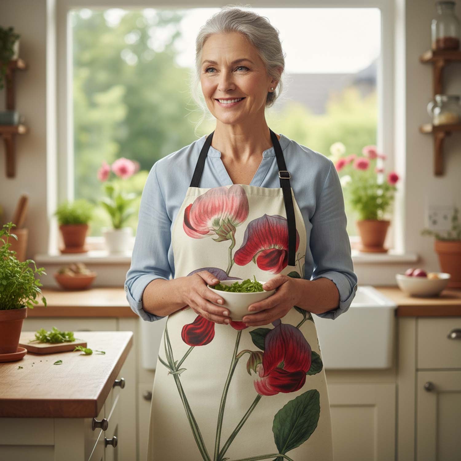 Woman in a kitchen wearing a floral apron, holding a bowl of greens.