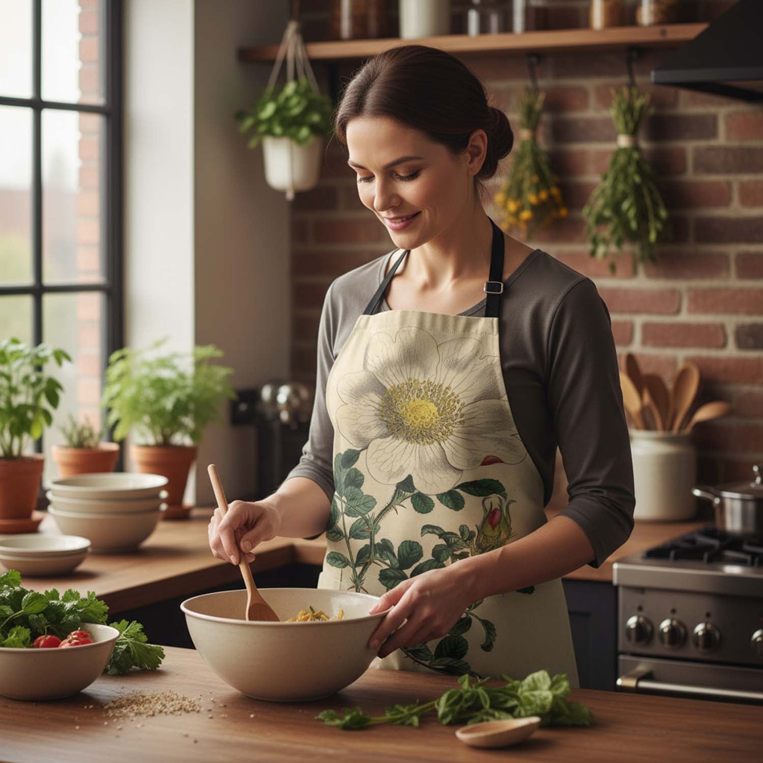 Woman in a kitchen wearing a floral Macartney's Rose - apron, stirring food in a bowl.