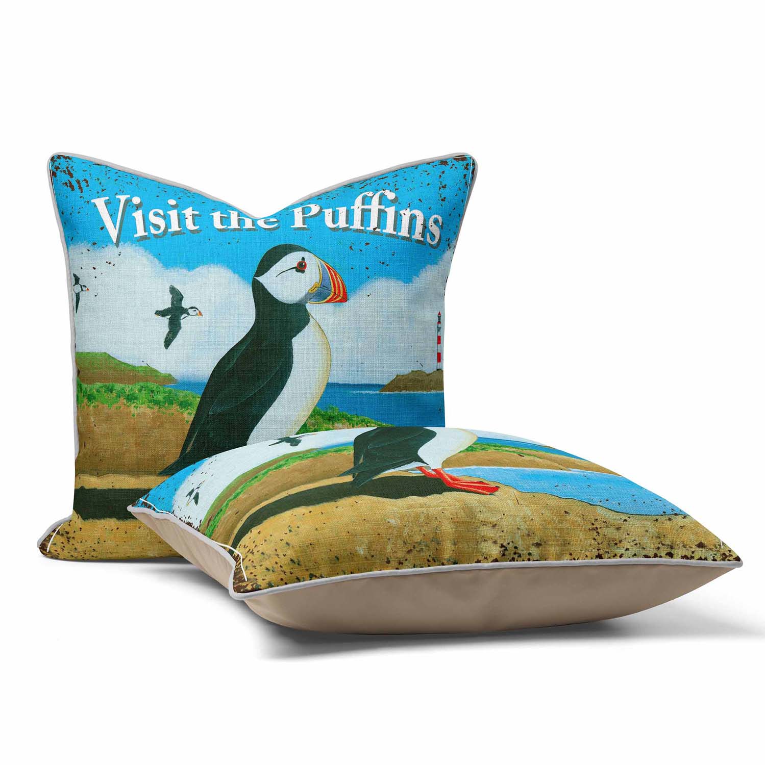 Visit the Puffins - British Retro Cushion