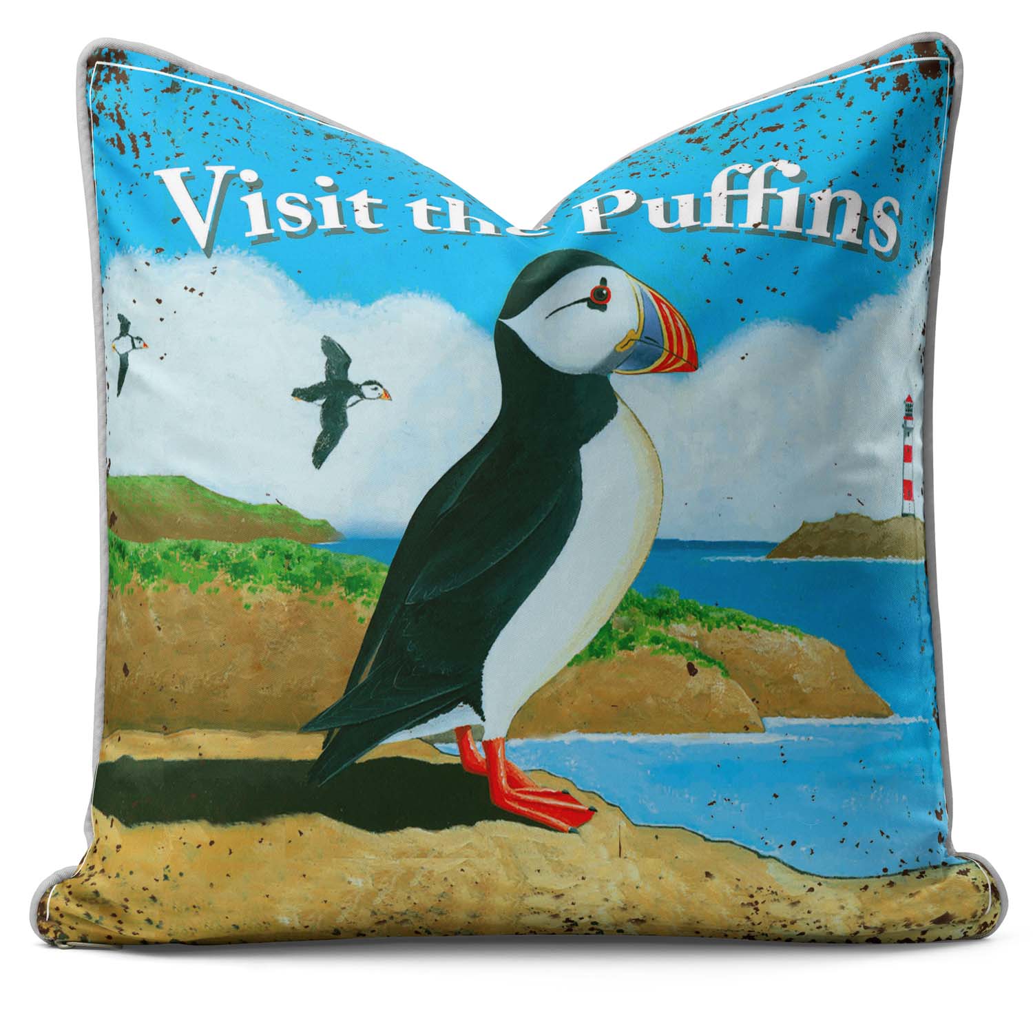 Visit the Puffins - British Retro Cushion