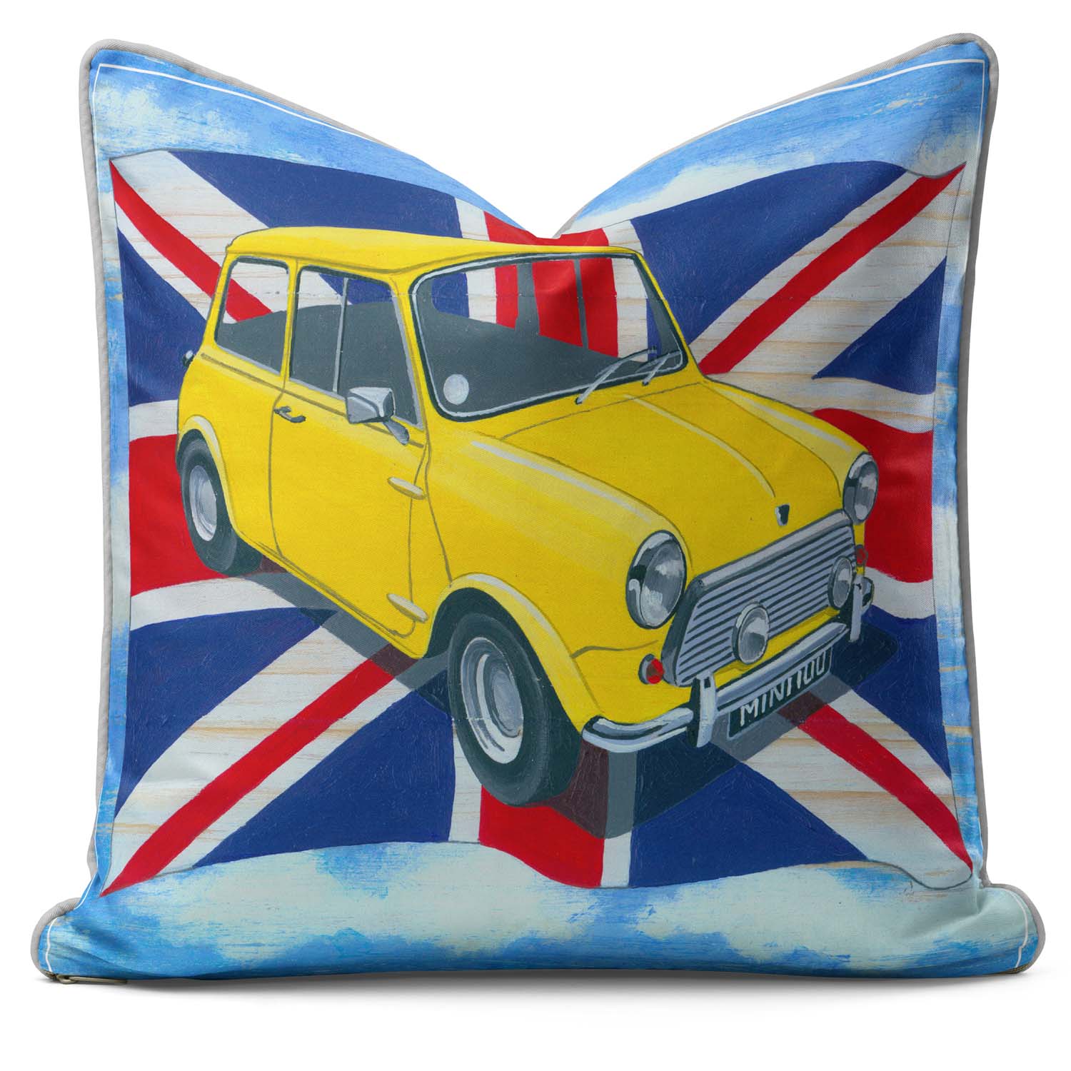 Yellow British Mini Car - British Retro Cushion