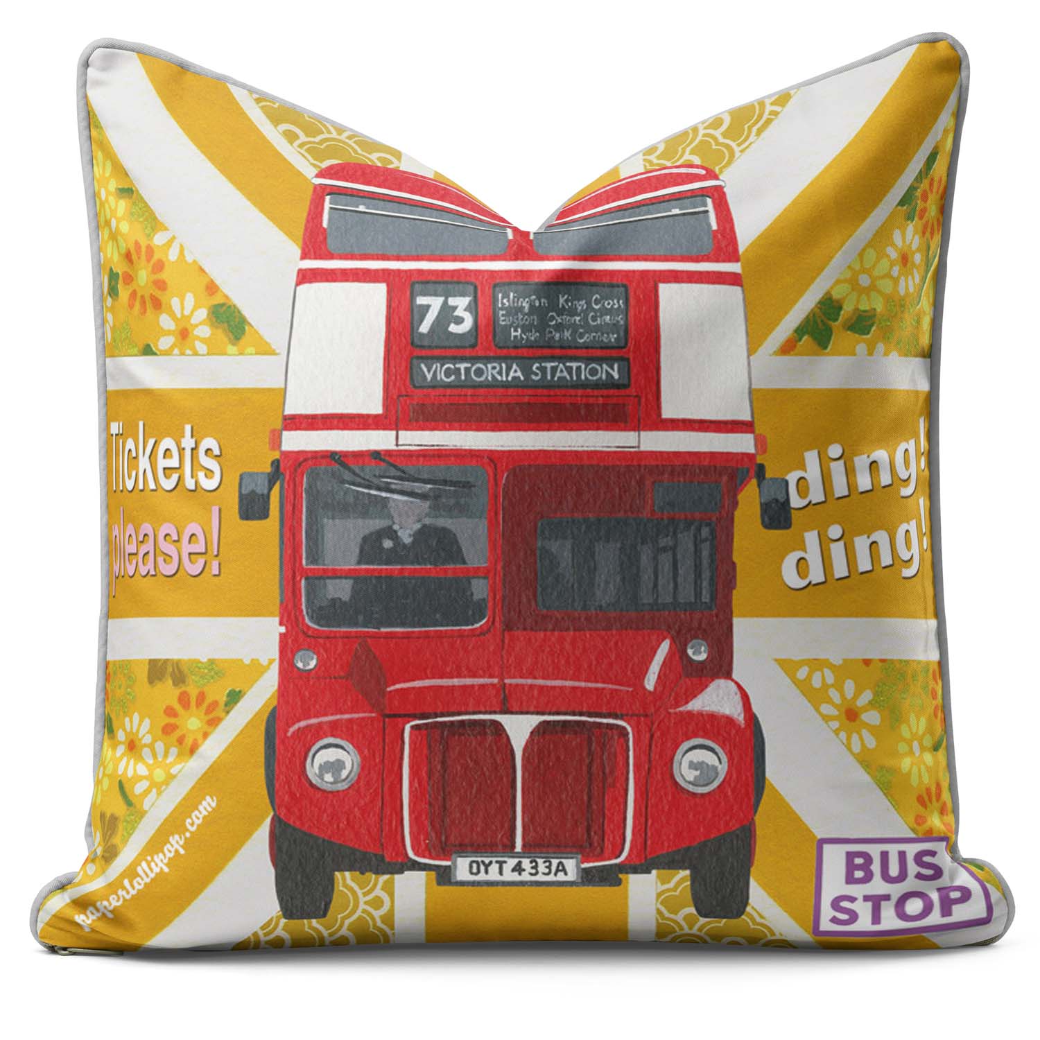 Red Bus Tickets Please British Flag - British Retro Cushion