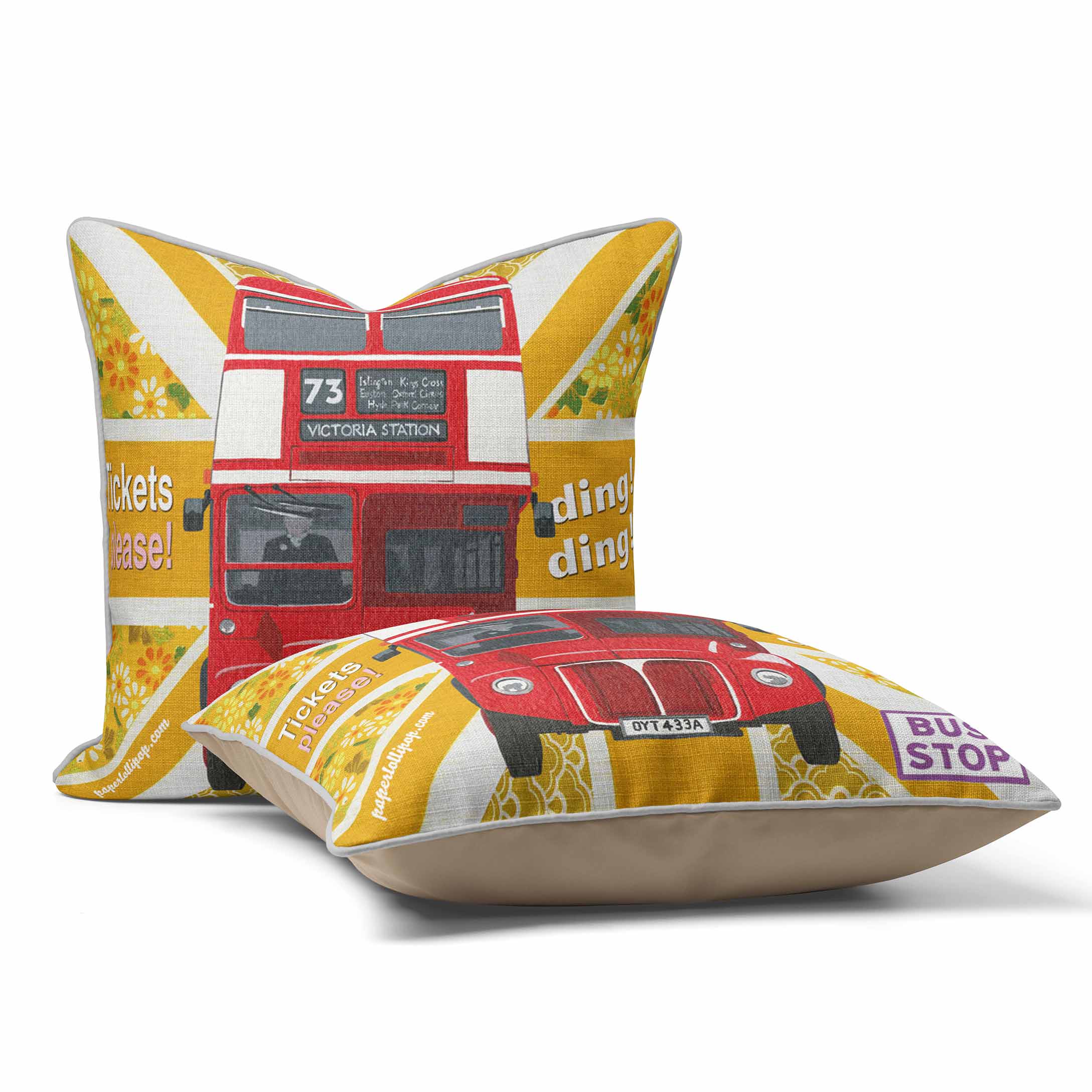 Red Bus Tickets Please British Flag - British Retro Cushion