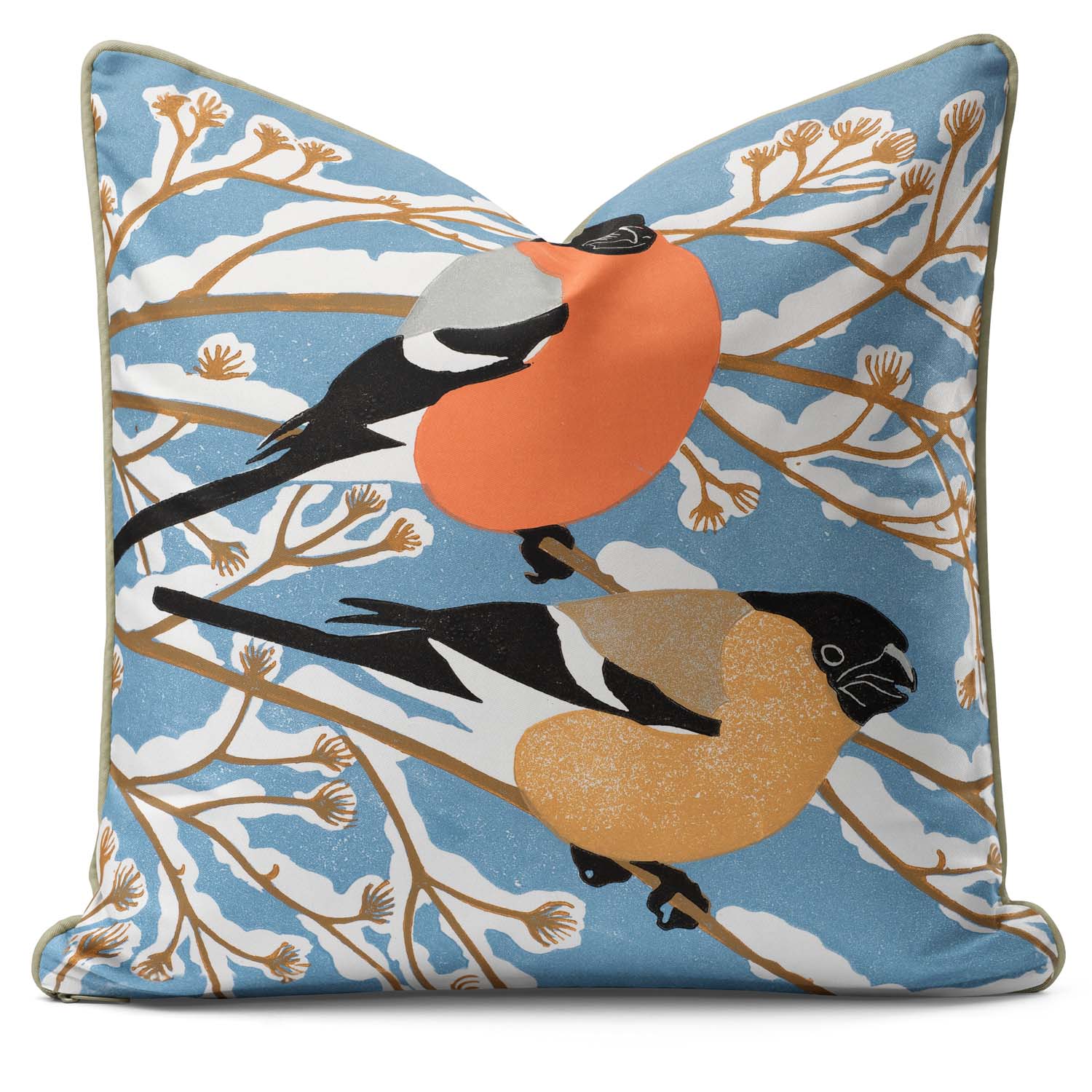 A square cushion showing two bullfinches sitting on snowy branches.