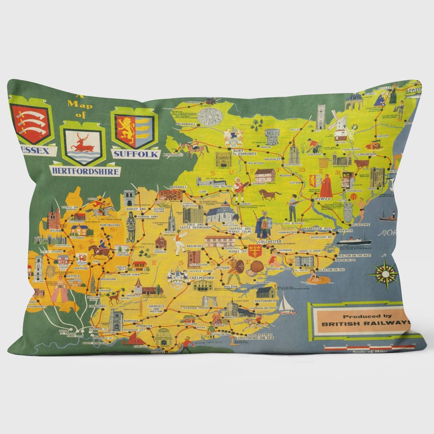 A Map Of Essex Suffolk And Hertfordshire BR (ER) 1950s - National Railway Museum Cushion - Handmade Cushions UK - WeLoveCushions