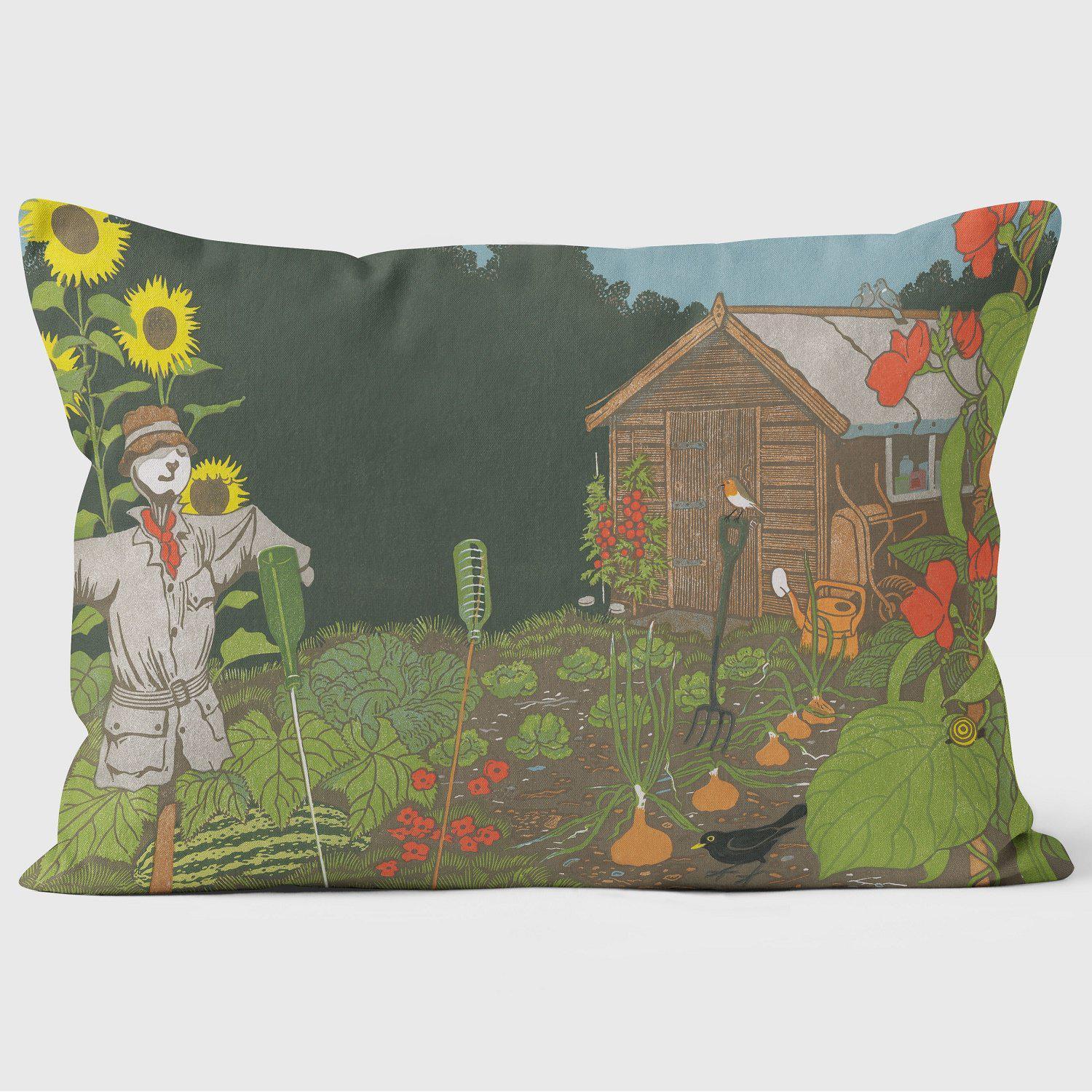 Alotment Kitchen Garden Scarecrow - Robert Gillmor Cushion - Handmade Cushions UK - WeLoveCushions