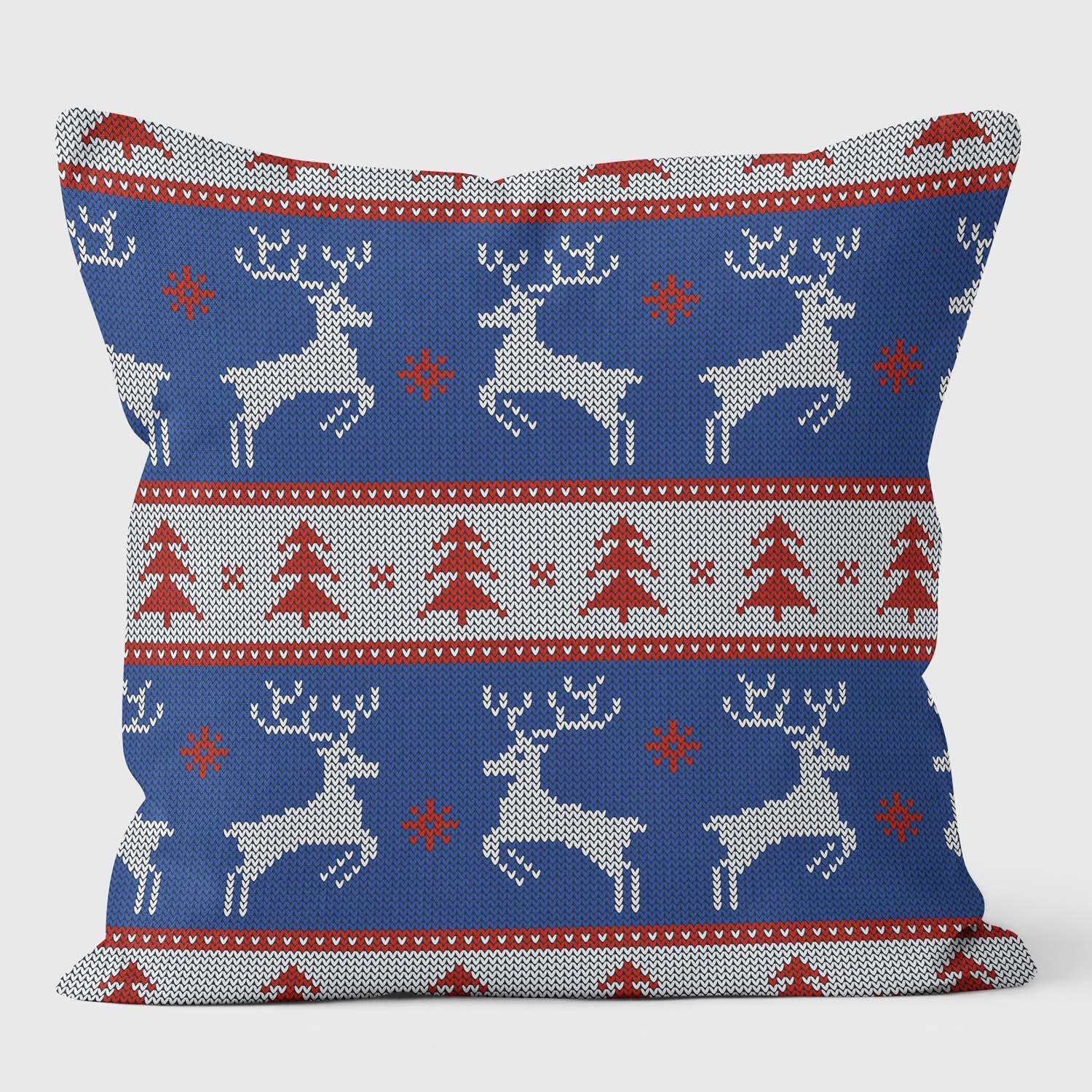 Art Blue Red White Deers Trees - Christmas Cushion - Handmade Cushions UK - WeLoveCushions