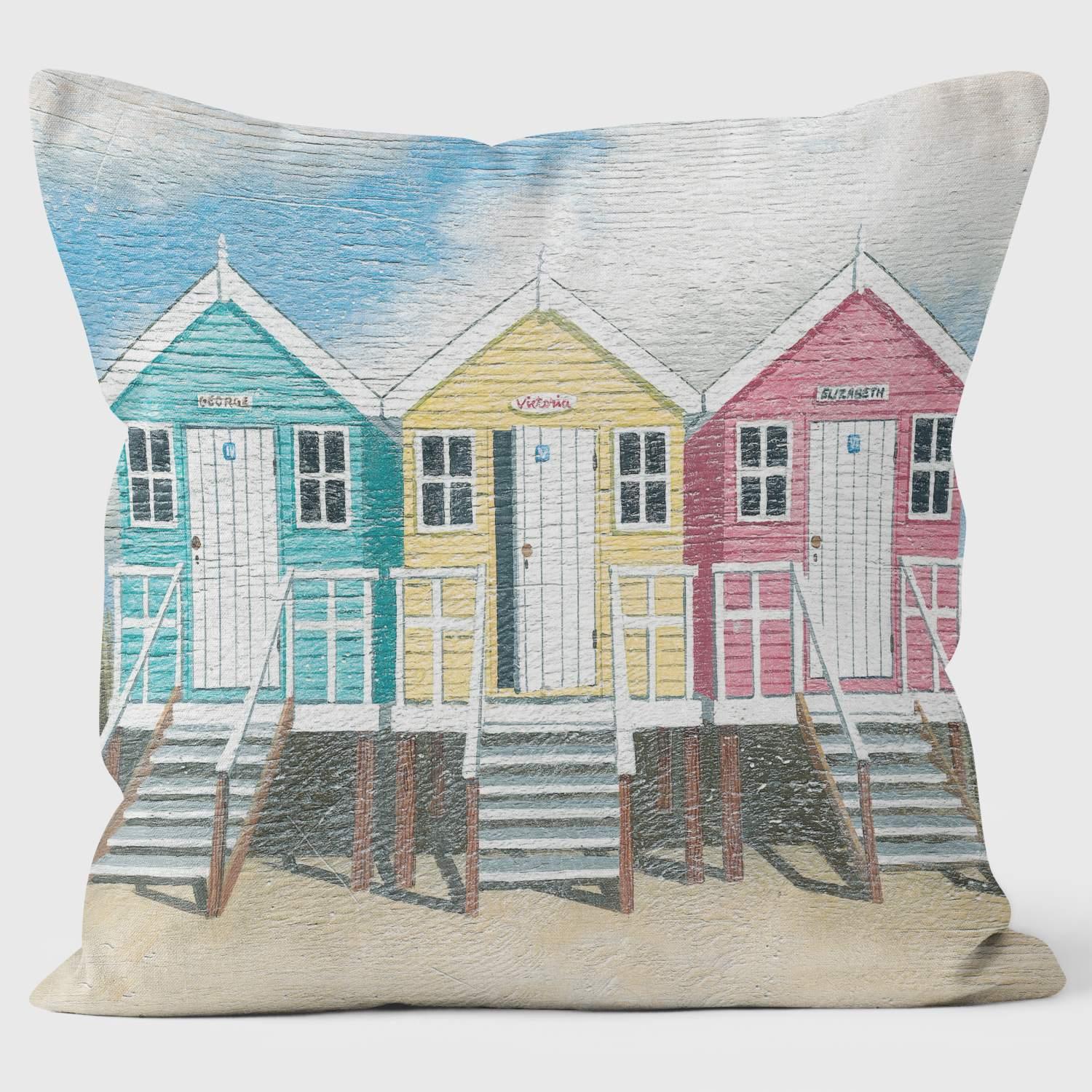 Blue Yellow Pink Beach Huts - Martin Wiscombe - Art Print Cushion - Handmade Cushions UK - WeLoveCushions
