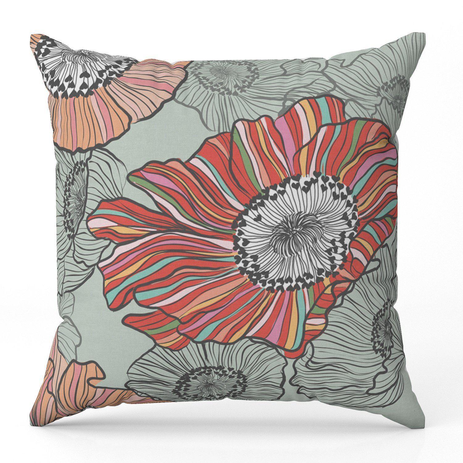 Candy Stripe Poppies (Green) - Funky Art Cushion - Paradise Garden - House Of Turnowsky Pillows - Handmade Cushions UK - WeLoveCushions