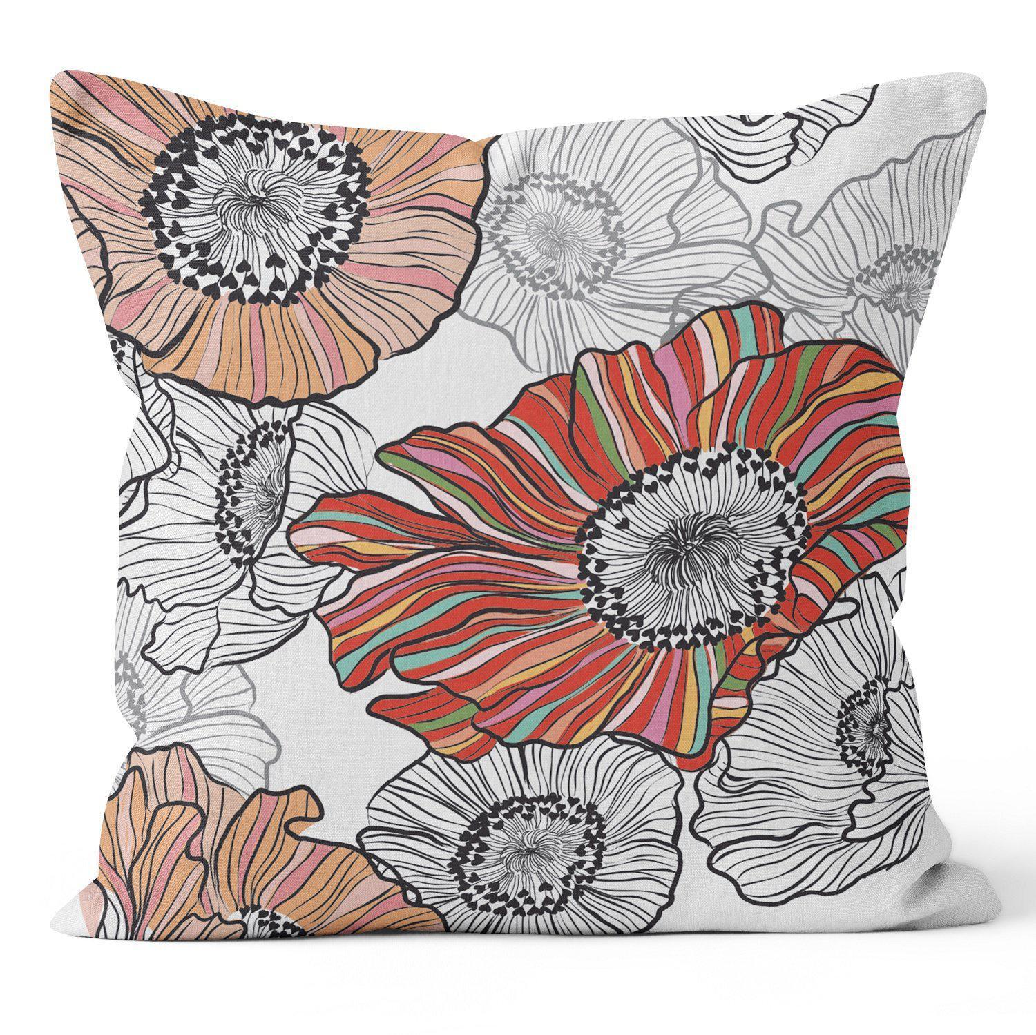 Candy Stripe Poppies (White) - Funky Art Cushion - Paradise Garden - House Of Turnowsky Pillows - Handmade Cushions UK - WeLoveCushions