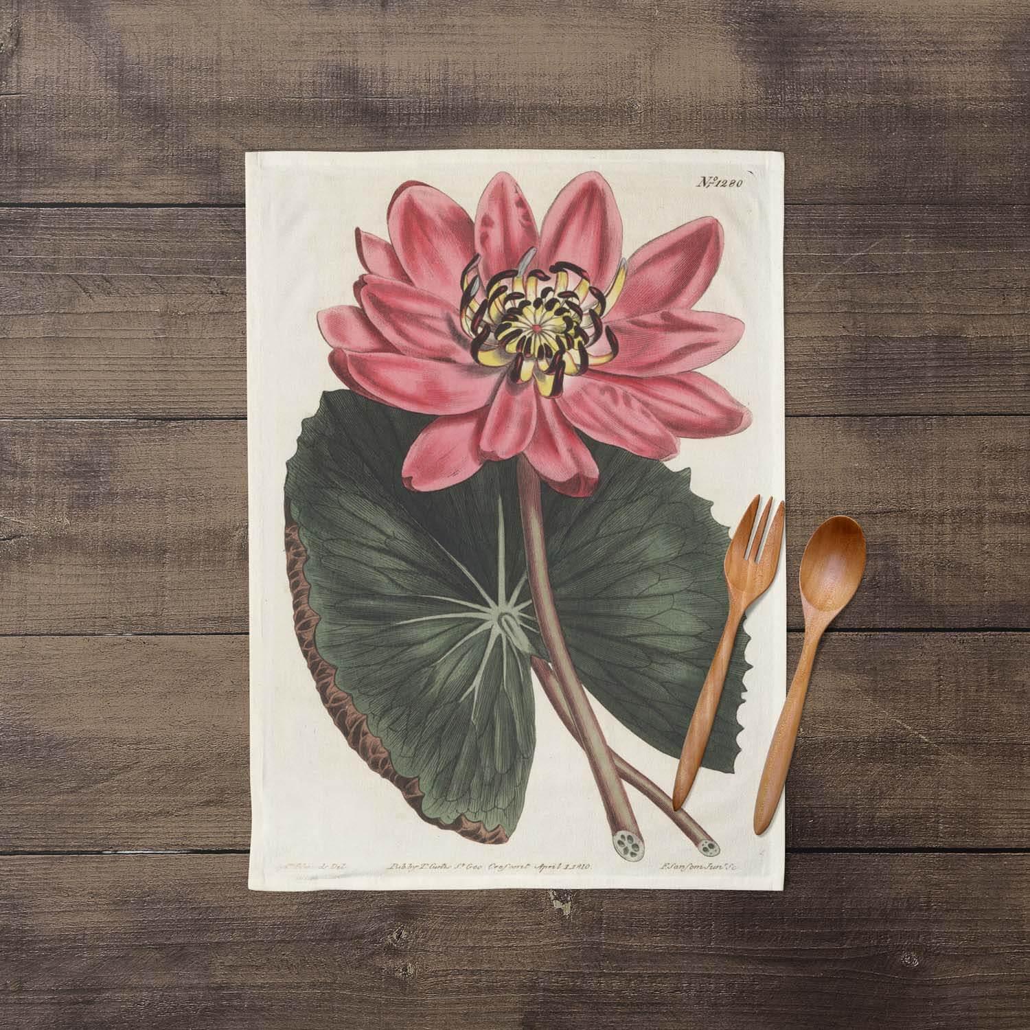 Red - Flowered Water Lily - Botanical Tea Towel