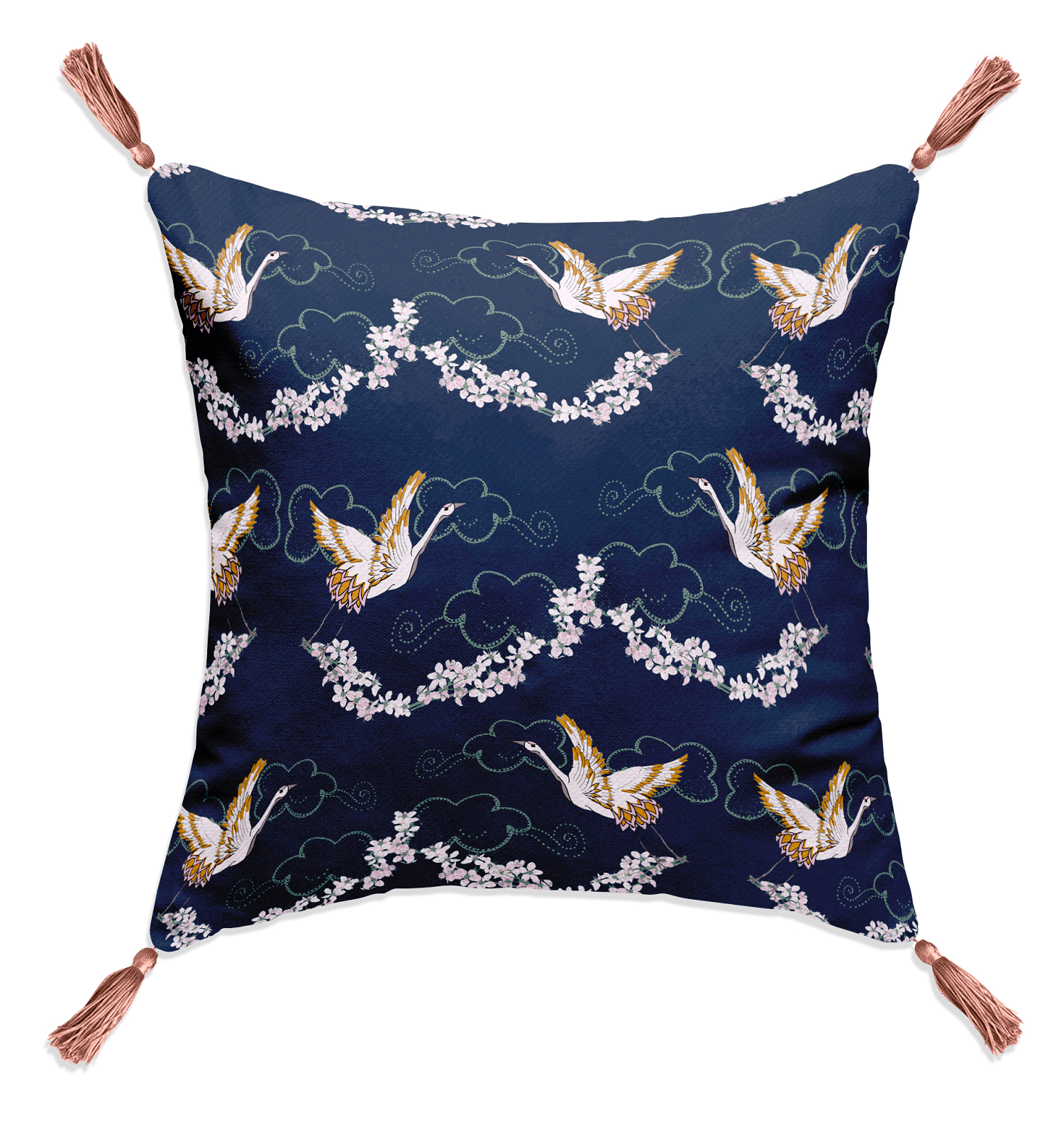 Crane Blossom Blue - Pink Tassels Their Nibs Cushion