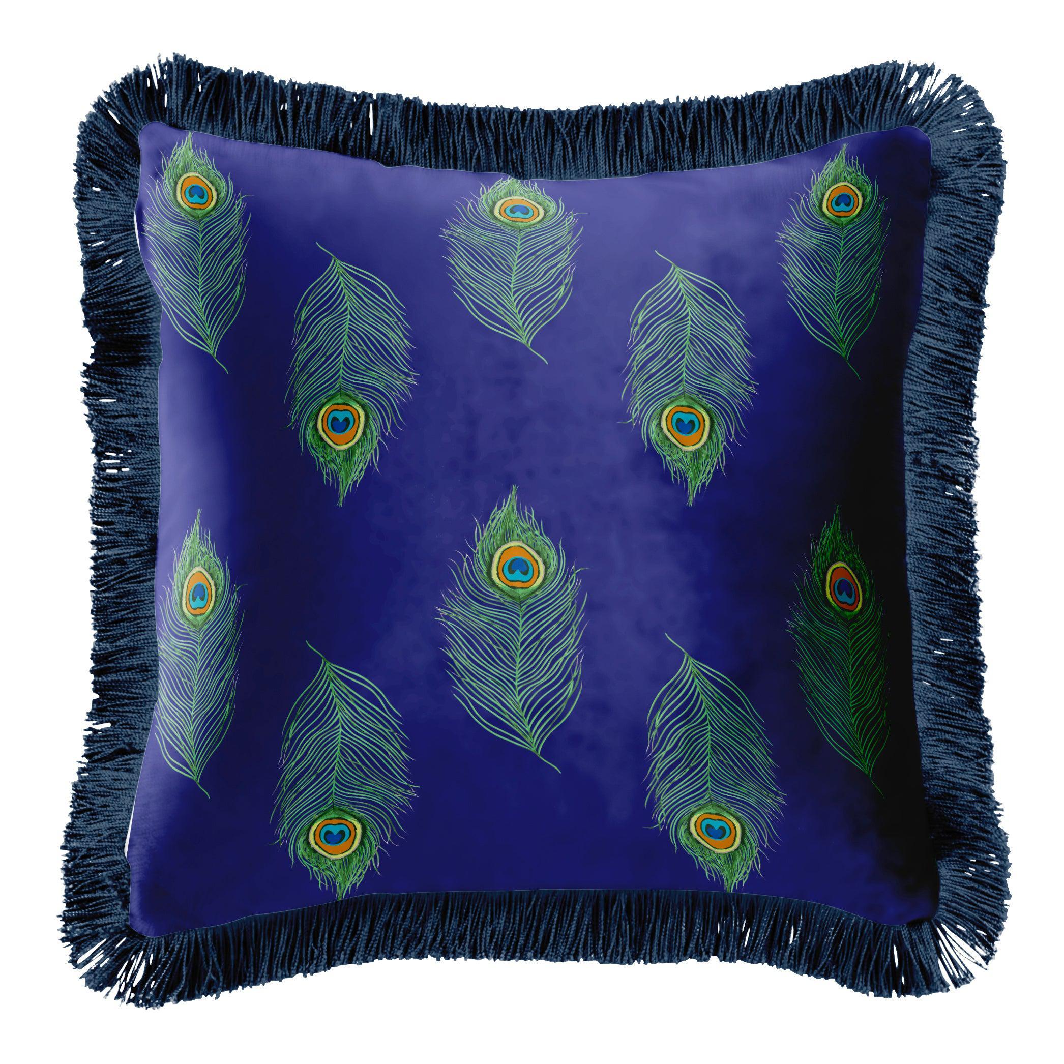 Peacock Feather Blue - Navy Blue Fringing Their Nibs Cushion
