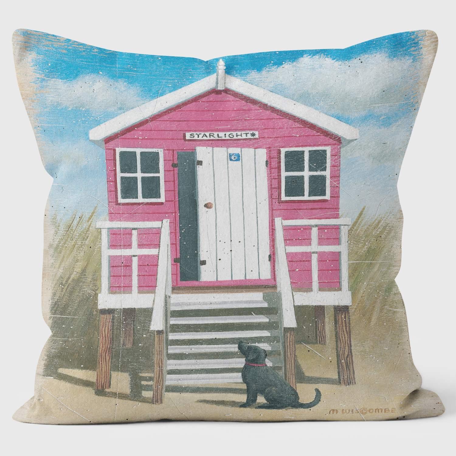 Pink Beach Hut - Martin Wiscombe - Art Print Cushion - Handmade Cushions UK - WeLoveCushions