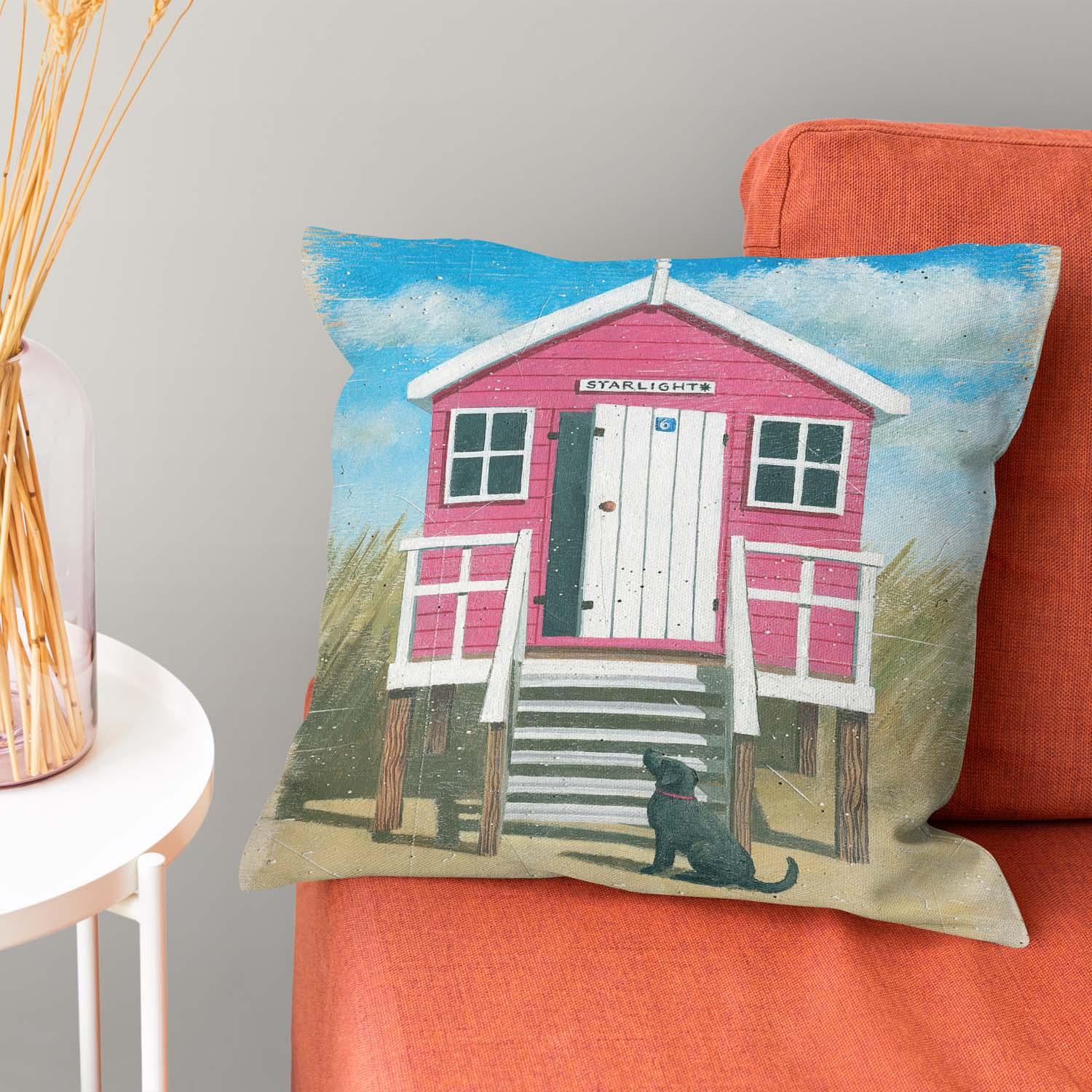 Pink Beach Hut - Martin Wiscombe - Art Print Cushion