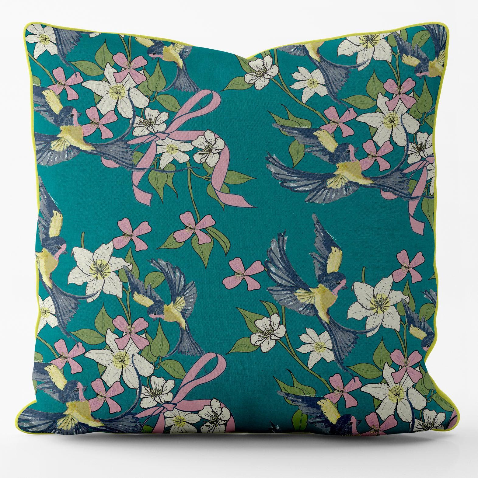 Swallow Bouquet Green -Their Nibs Cushion - Handmade Cushions UK - WeLoveCushions