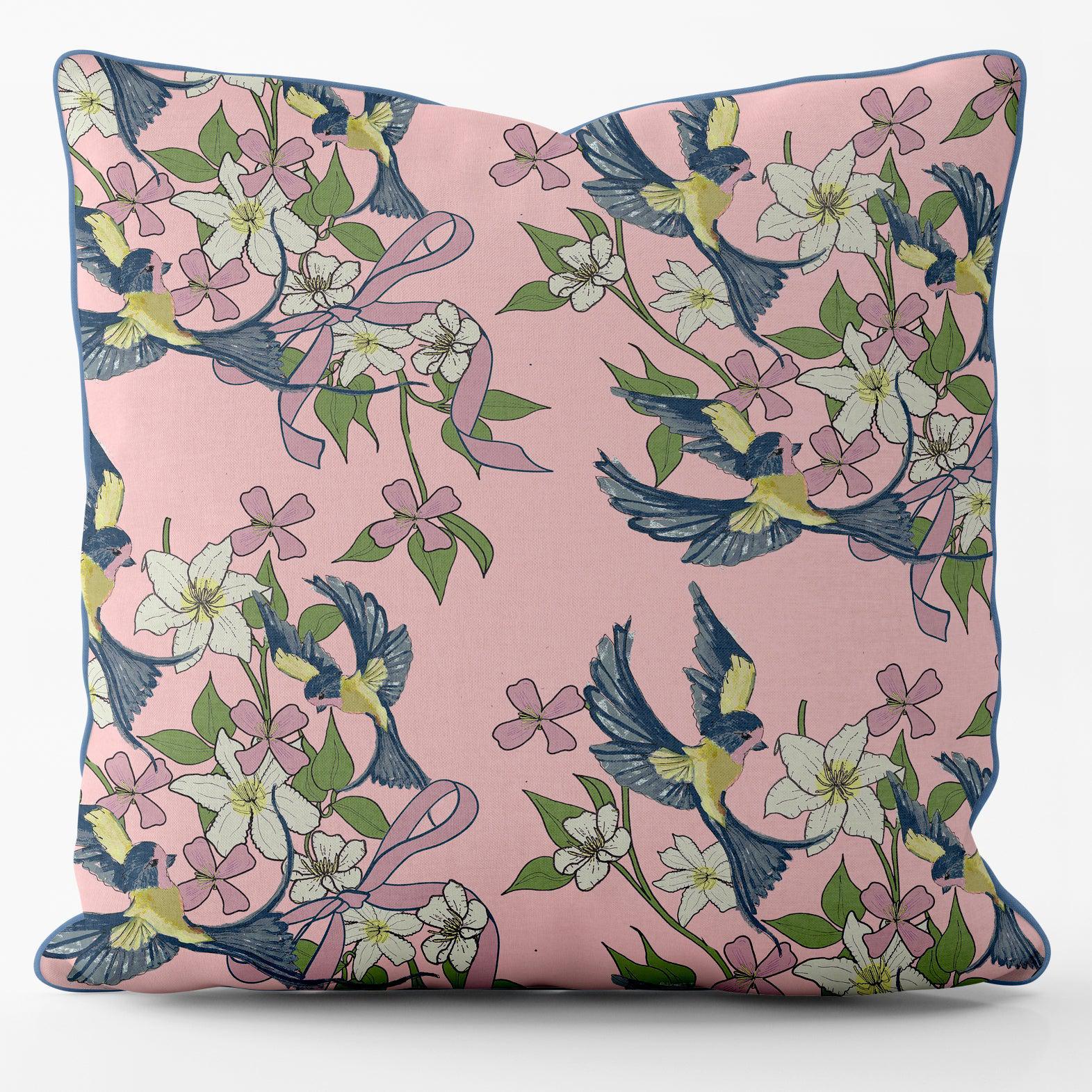 Swallow Bouquet Pink -Their Nibs Cushion - Handmade Cushions UK - WeLoveCushions