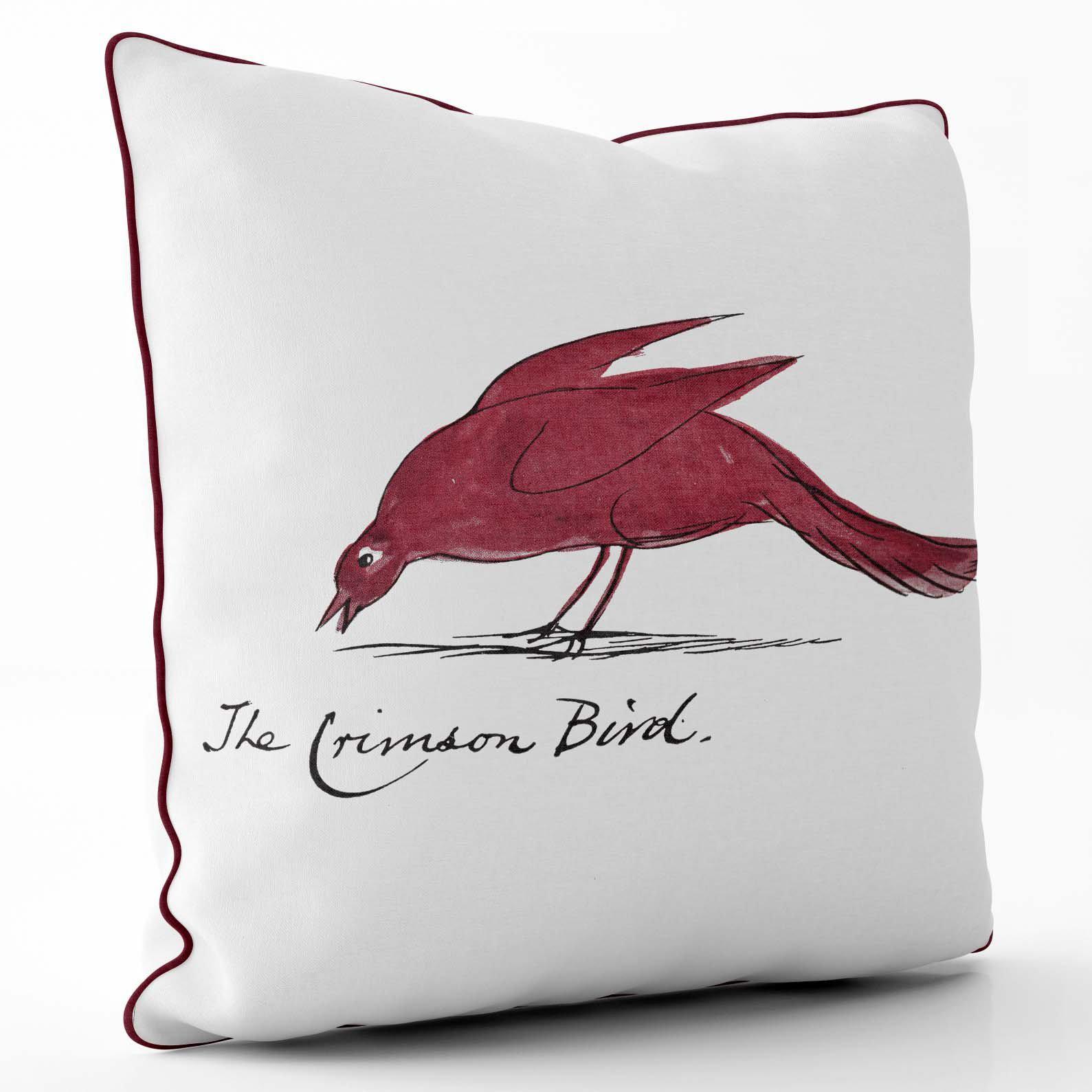 The Crimson Bird - Edward Lear Cushion - Scarlet Piping - Handmade Cushions UK - WeLoveCushions