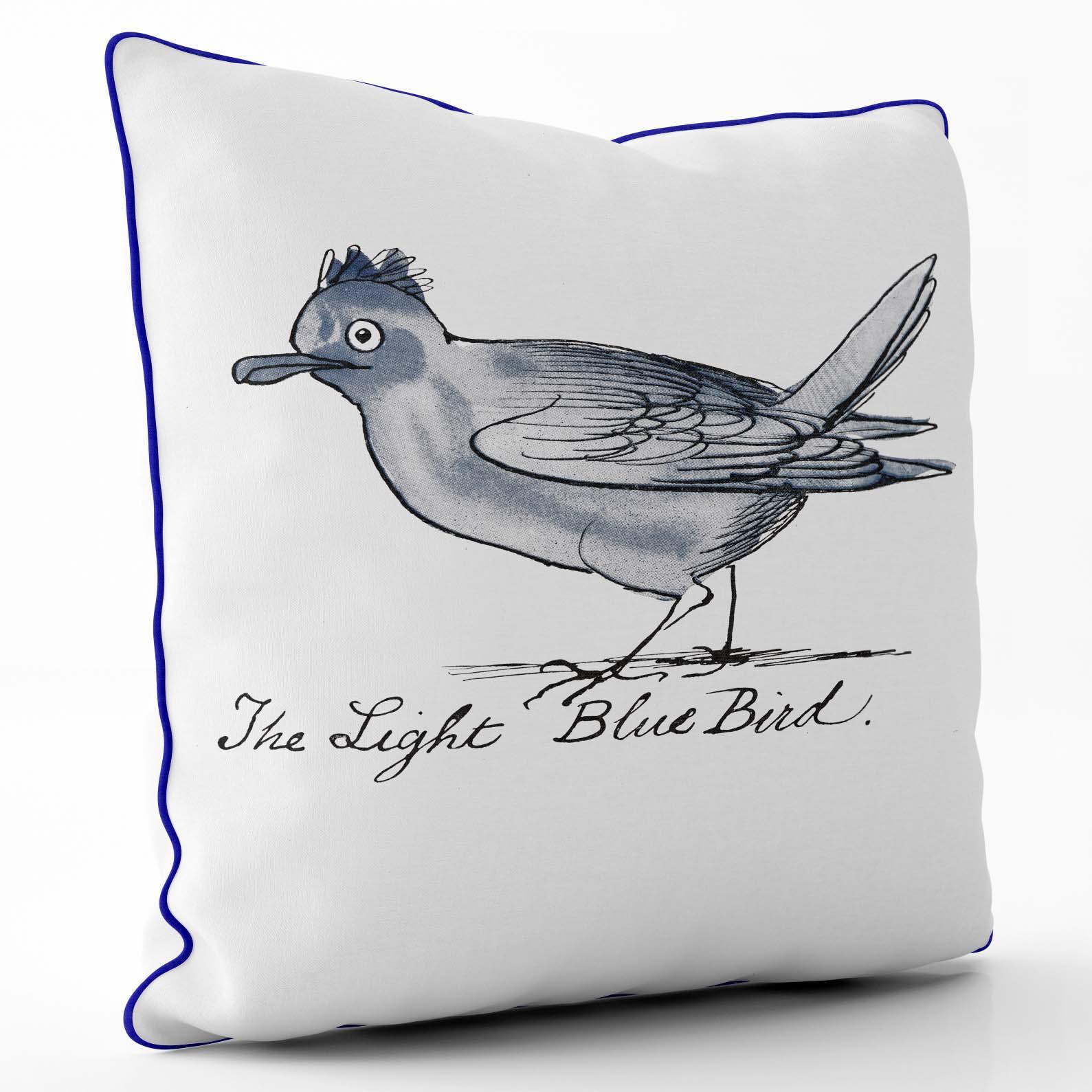 The Light Blue Bird - Edward Lear Cushion - Cornflower-Blue Piping - Handmade Cushions UK - WeLoveCushions