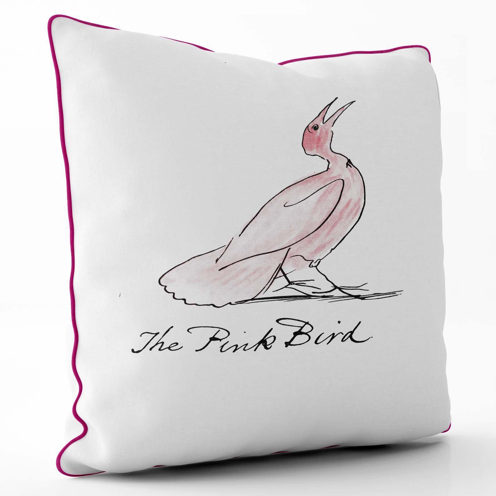 The Pink Bird - Edward Lear Cushion - Cerise Piping - Handmade Cushions UK - WeLoveCushions