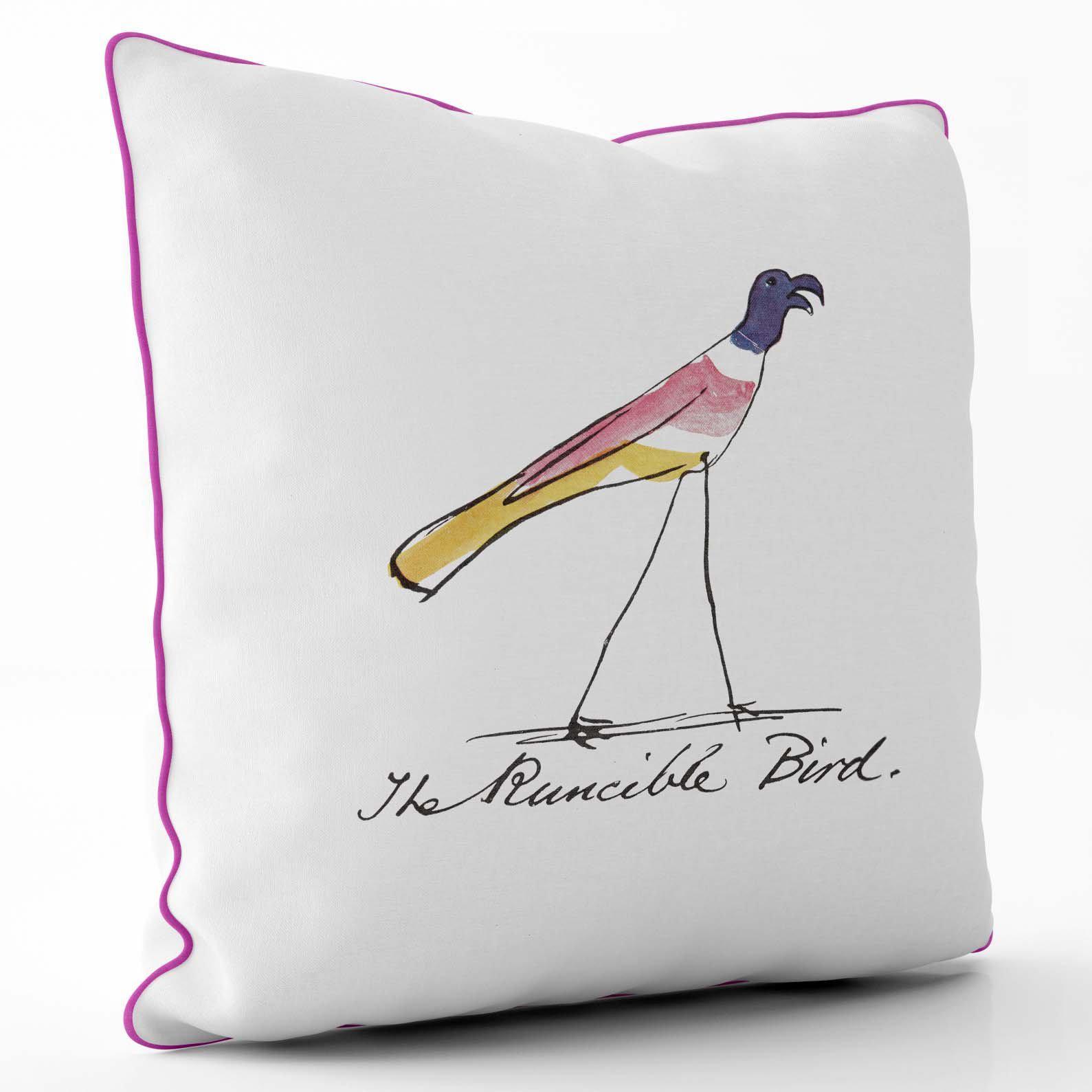 The Runcible Bird - Edward Lear Cushion - Cerise Piping - Handmade Cushions UK - WeLoveCushions
