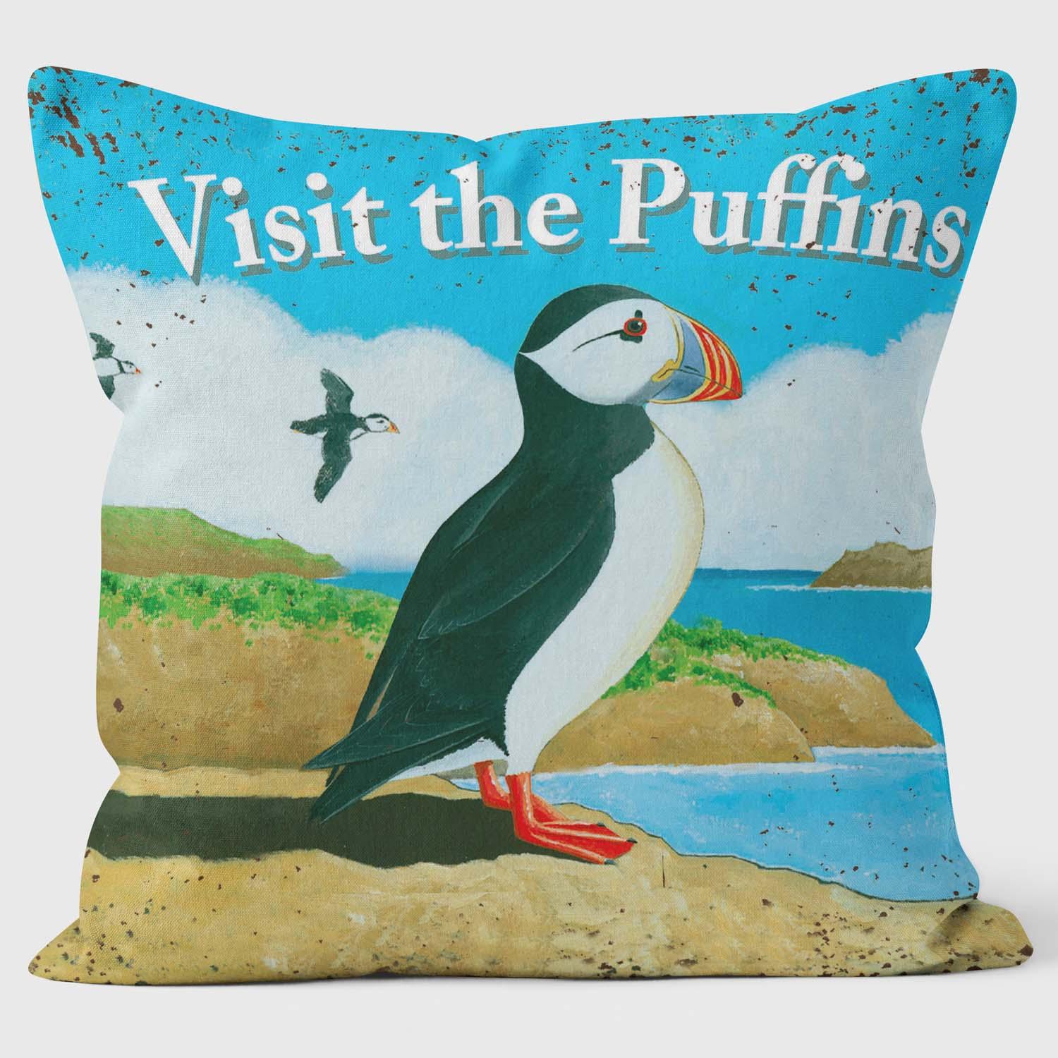 Visit The Puffins - Martin Wiscombe - Art Print Cushion - Handmade Cushions UK - WeLoveCushions