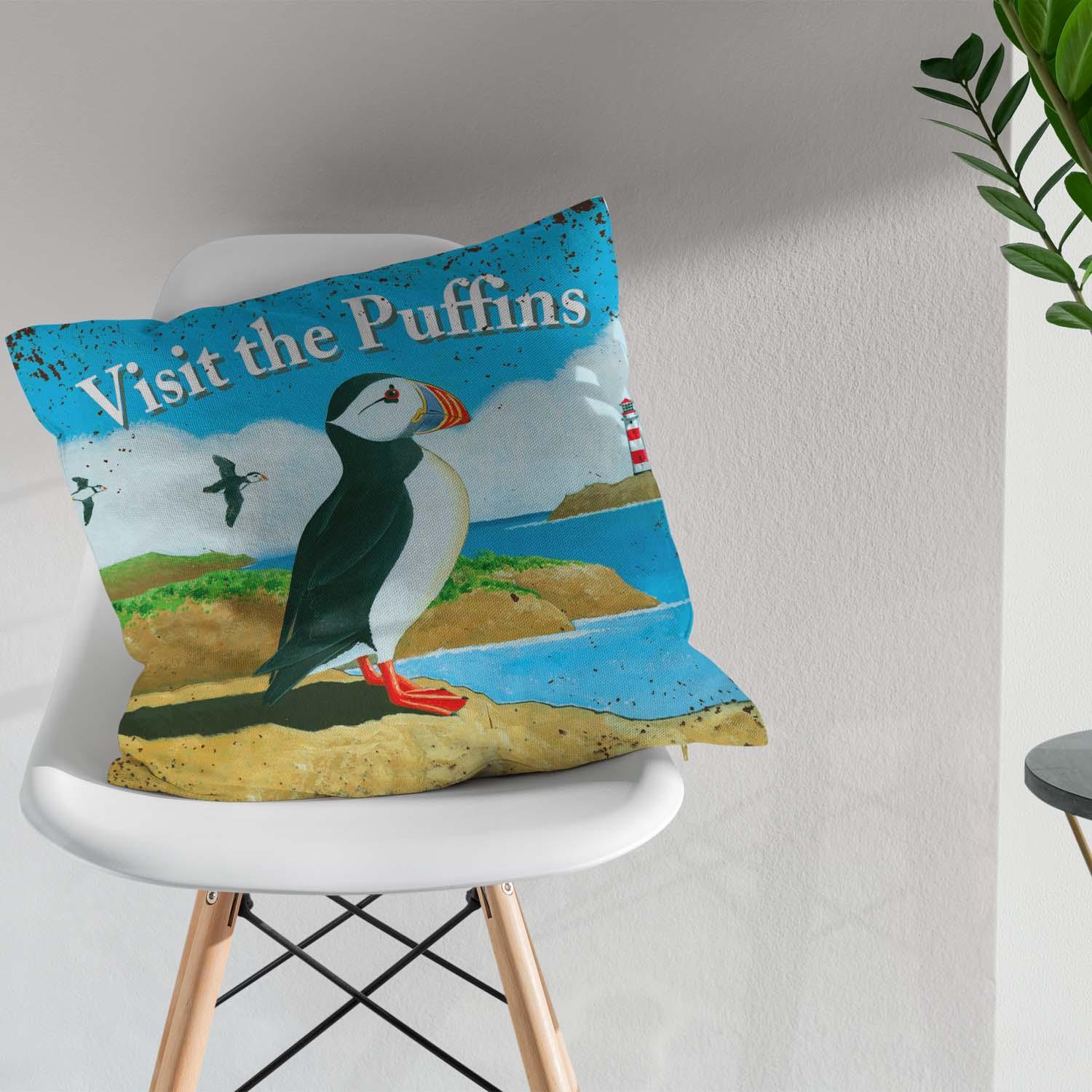 Visit The Puffins - Martin Wiscombe - Art Print Cushion