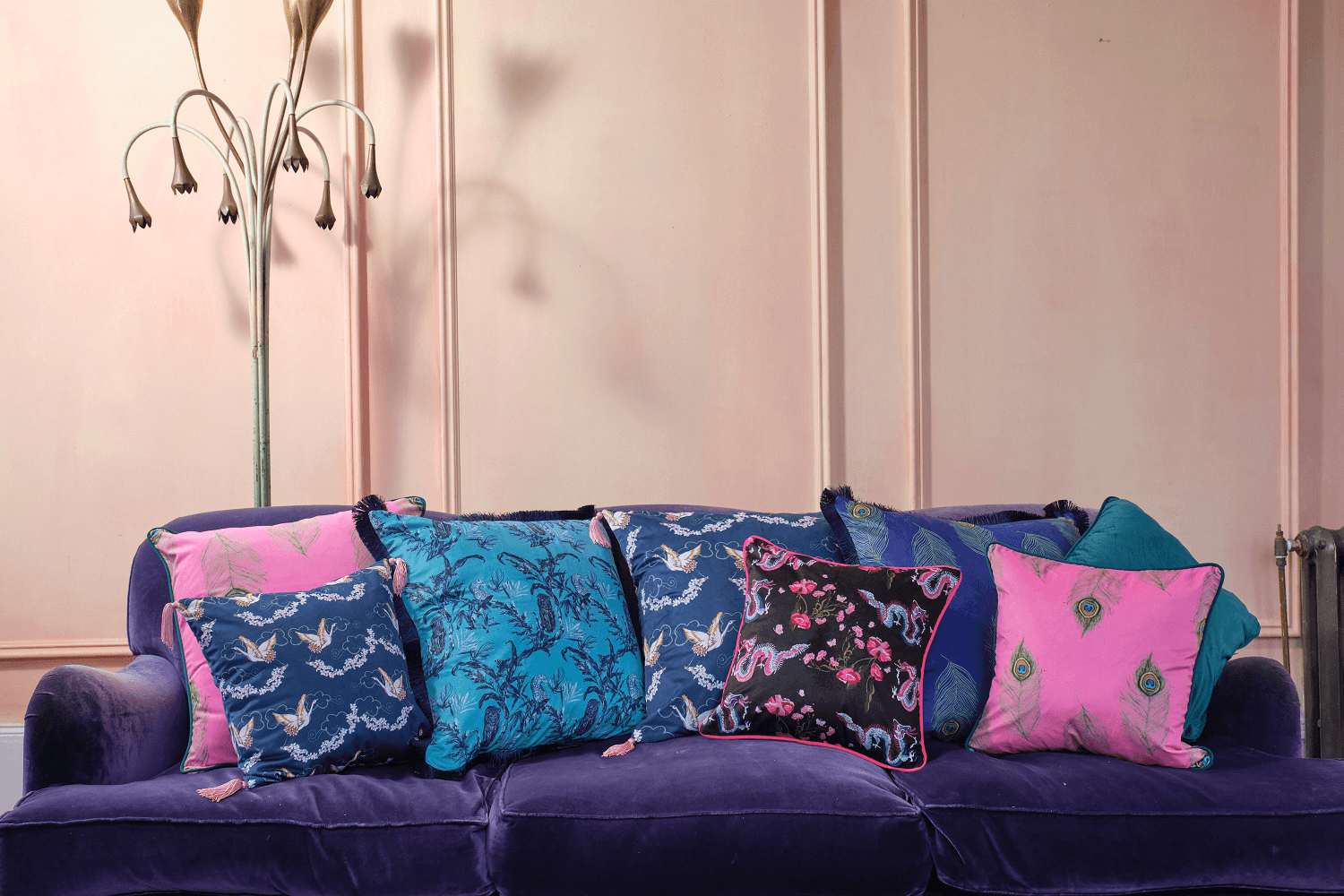 Crane Blossom Blue - Pink Tassels Their Nibs Cushion