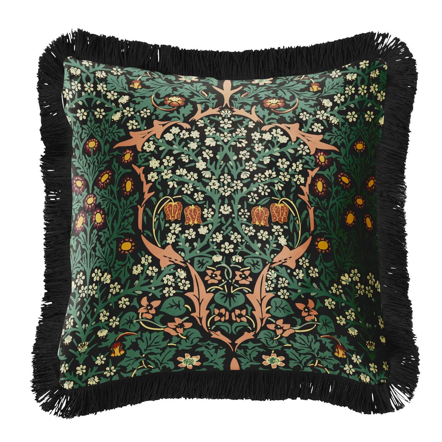 Blackthorn Green - Black Fringing William Morris Cushion